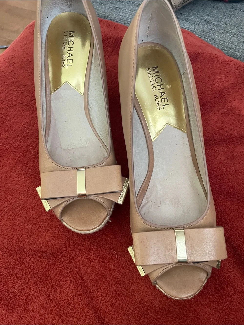 Michael Kors Tan Espadrille Wedge Peep-Toe with Bow Accent